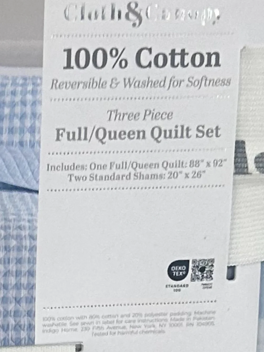 Cloth & Canopy Cotton Reversible Full/Queen Blue and White Quilt Set 88”x92”